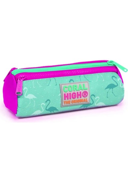 Kids Üç Bölmeli Kalem Kutusu Su Yeşili Neon Pembe Flamingo Desenli 22315