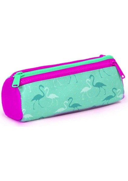 Kids Üç Bölmeli Kalem Kutusu Su Yeşili Neon Pembe Flamingo Desenli 22315