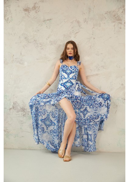 Mavi Desenli Bağlama Detaylı Pareo