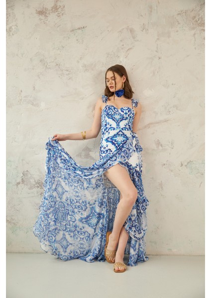 Mavi Desenli Bağlama Detaylı Pareo fiyatları