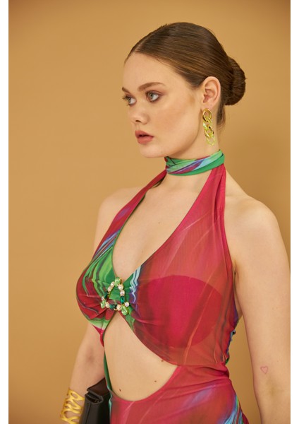 Boyundan Bağlamalı Toka Detaylı Astarlı Tül Elbise fiyatları