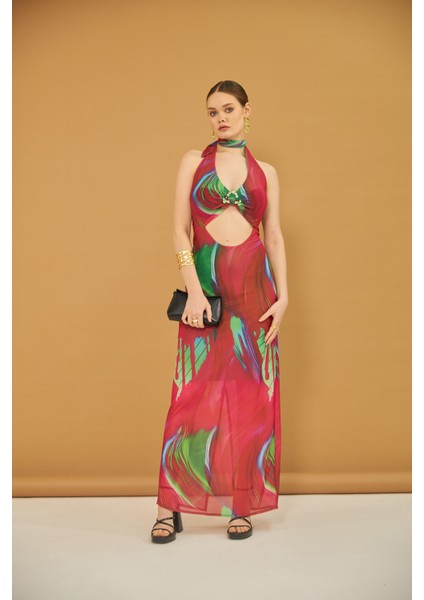 Boyundan Bağlamalı Toka Detaylı Astarlı Tül Elbise modelleri