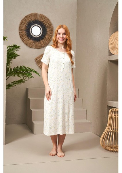 25105 Kadın Yuvarlak Yaka Kısa Kollu Uzun Gecelik