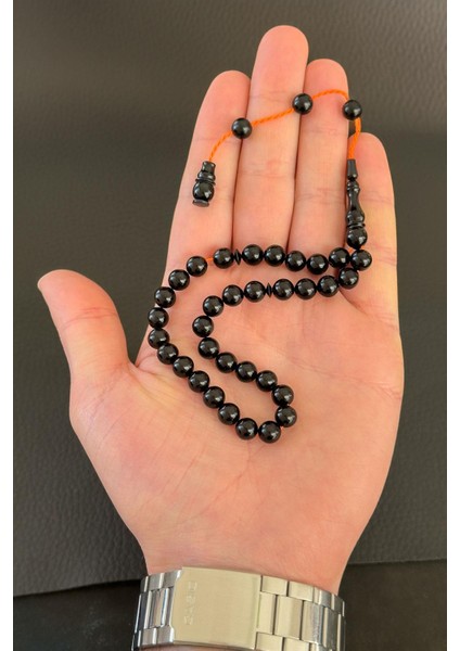 Asil Renk Bilek Boy Küre Siyah Renk Sıkma Kehribar Tesbih