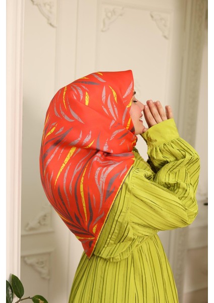 Turuncu Sarı Desenli Tivil Ipek Eşarp 11432-18