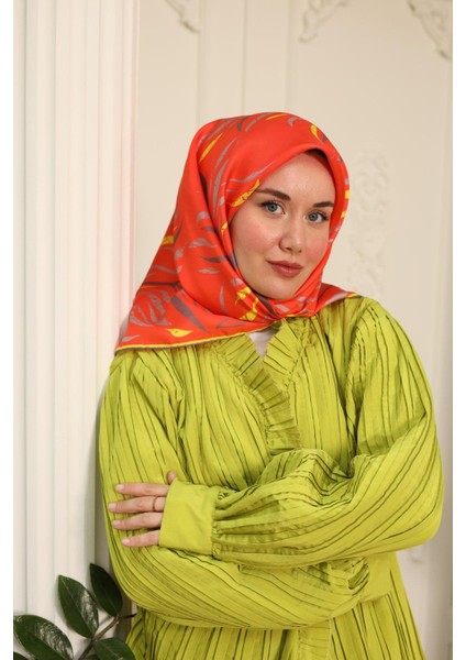 Turuncu Sarı Desenli Tivil Ipek Eşarp 11432-18 fiyatları