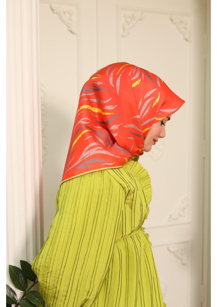 Turuncu Sarı Desenli Tivil Ipek Eşarp 11432-18 modelleri