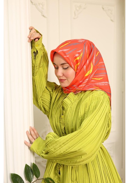 Turuncu Sarı Desenli Tivil Ipek Eşarp 11432-18 indirimleri