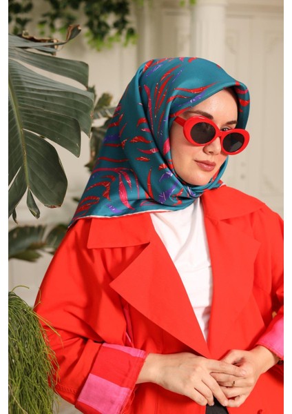 Petrol Yeşili Pembe Desenli Tivil Ipek Eşarp 11432-59 fiyatları