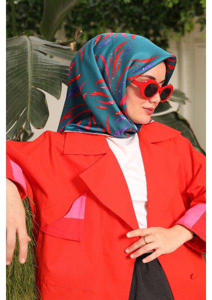 Petrol Yeşili Pembe Desenli Tivil Ipek Eşarp 11432-59 modelleri