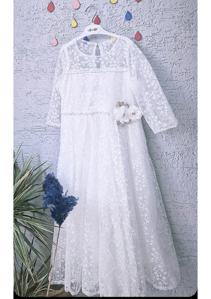 Beyaz Tül Abiye Mezuniyet Elbise Kız Çocuk