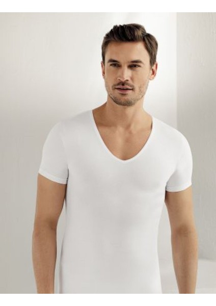 Beyaz Likralı Derin V Yaka Body Atlet