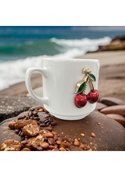 İlbay Çini Takı Seramik Times Kabartma Metalli Kirazlı Kupa Bardak Mug Neskafe Fincanı