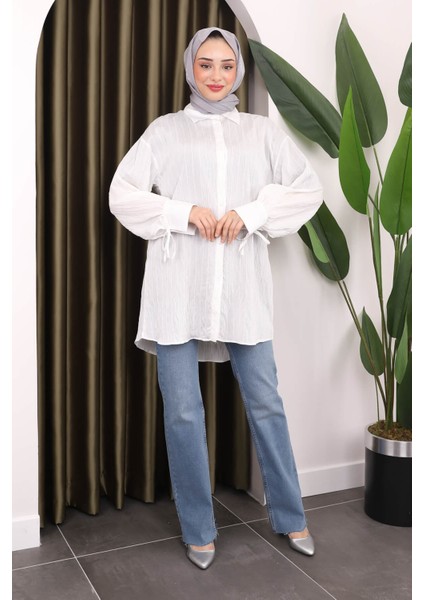 Krem Kol Detaylı Tunik