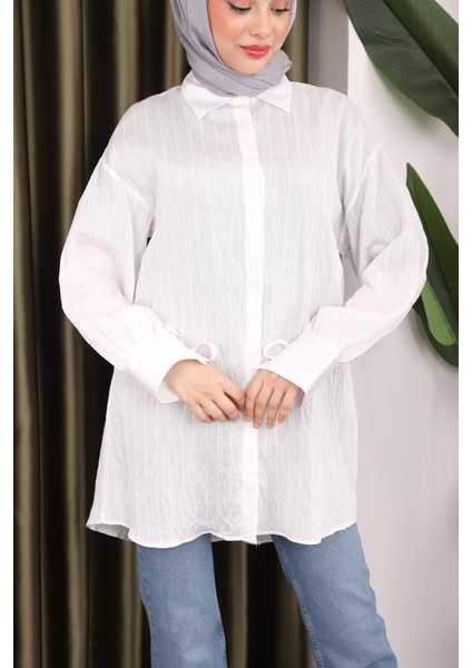 Krem Kol Detaylı Tunik
