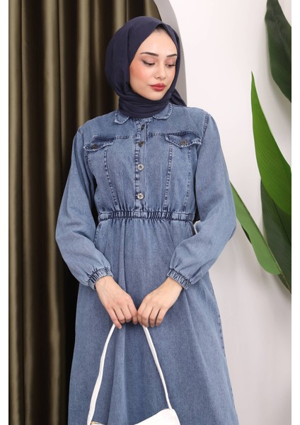 Mavi Yaka Düğmeli Bel Lastikli Kot Elbise