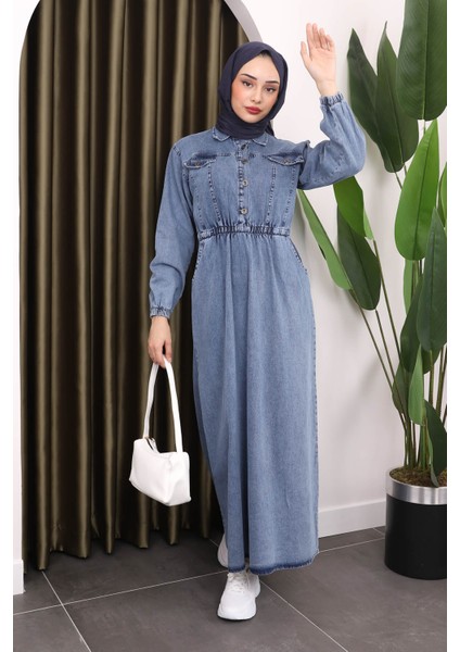 Mavi Yaka Düğmeli Bel Lastikli Kot Elbise fiyatları