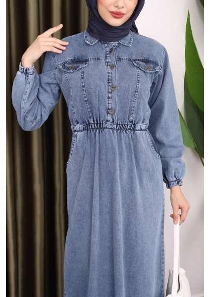 Mavi Yaka Düğmeli Bel Lastikli Kot Elbise fırsatları