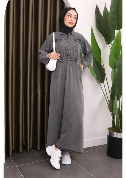 Füme Yaka Düğmeli Bel Lastikli Kot Elbise fiyatları