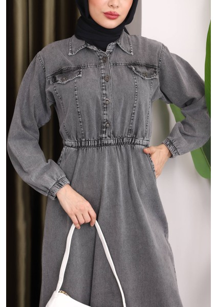 Füme Yaka Düğmeli Bel Lastikli Kot Elbise fırsatları