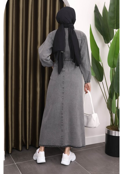 Füme Yaka Düğmeli Bel Lastikli Kot Elbise indirimleri