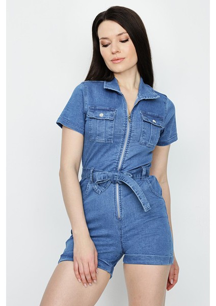 Kadın Denim Kemerli Kısa Tulum