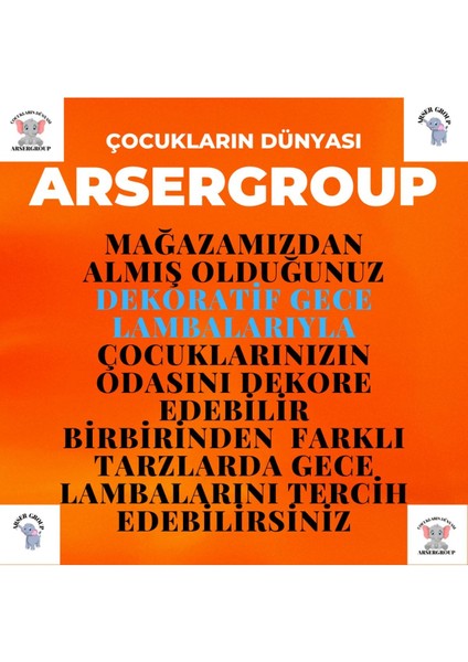 Arser Group 4'lü Aydınlatma Çocuk Odası Dekoratif Ahşap Filli Ay Balonlar ve Fil Gece Lambası Duvar Dekorasyonu