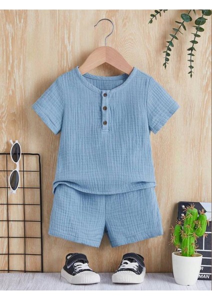 Unisex Bebek&çocuk %100 Pamuklu Düğmeli Müslin Alt Üst Şort Takım-Mavi