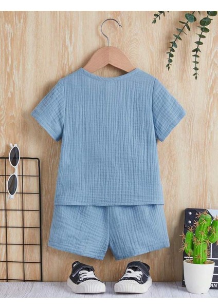 Unisex Bebek&çocuk %100 Pamuklu Düğmeli Müslin Alt Üst Şort Takım-Mavi