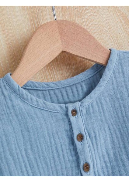 Unisex Bebek&çocuk %100 Pamuklu Düğmeli Müslin Alt Üst Şort Takım-Mavi