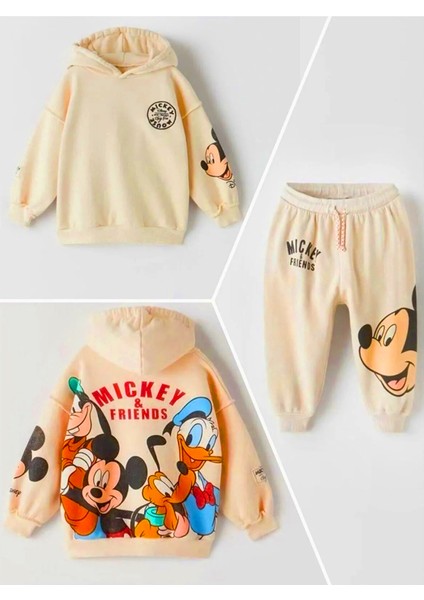 Mickey Mouse Görselli Kapüşonlu Bebek Çocuk Alt Üst Takım-Bej