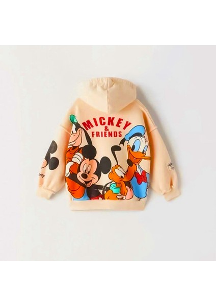 Mickey Mouse Görselli Kapüşonlu Bebek Çocuk Alt Üst Takım-Bej