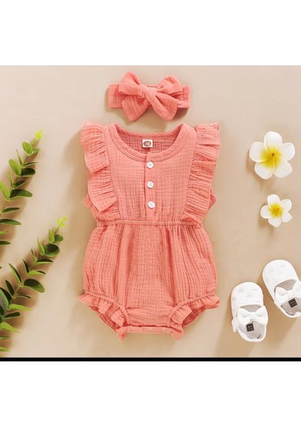 Unisex Kız Bebek&çocuk  Pamuklu Bandanalı Tulum-Pembe