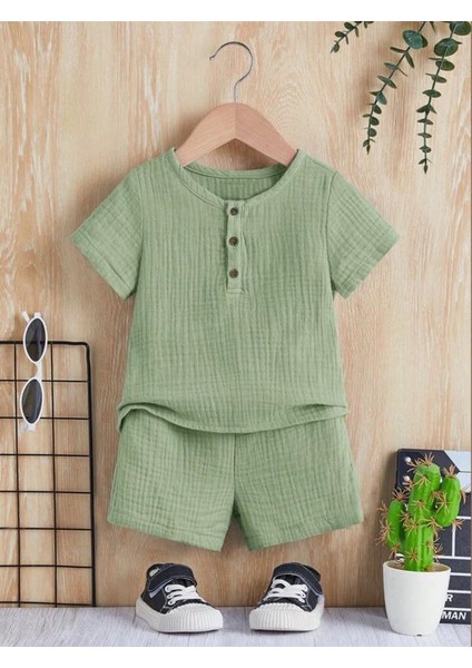 Unisex Bebek&çocuk %100 Pamuklu Düğmeli Müslin Alt Üst Şort Takım-Yeşil