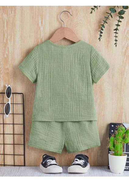 Unisex Bebek&çocuk %100 Pamuklu Düğmeli Müslin Alt Üst Şort Takım-Yeşil