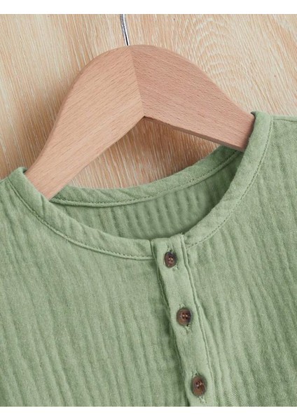 Unisex Bebek&çocuk %100 Pamuklu Düğmeli Müslin Alt Üst Şort Takım-Yeşil