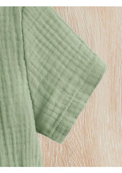 Unisex Bebek&çocuk %100 Pamuklu Düğmeli Müslin Alt Üst Şort Takım-Yeşil