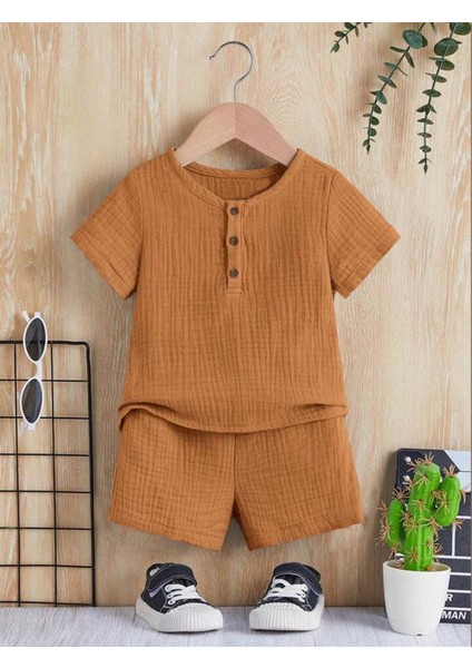 Unisex Bebek&çocuk %100 Pamuklu Düğmeli Müslin Alt Üst Şort Takım-Tarçın