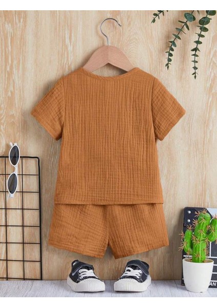 Unisex Bebek&çocuk %100 Pamuklu Düğmeli Müslin Alt Üst Şort Takım-Tarçın