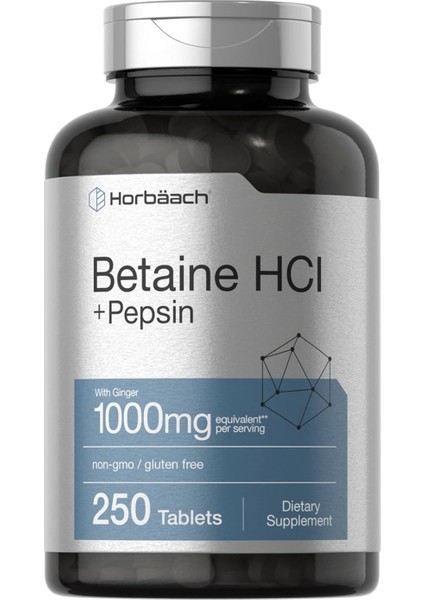 Horbäach Betaine Hcl With Pepsin | 1000MG | 250 Tablets | Hydrochloride Supplement | With Ginger Root | Non-Gmo Gluten Free