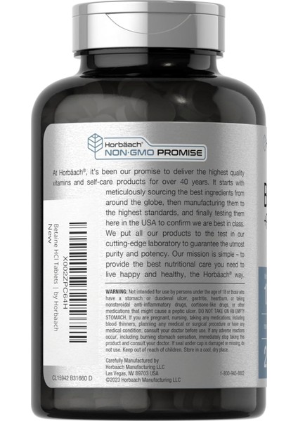 Horbäach Betaine Hcl With Pepsin | 1000MG | 250 Tablets | Hydrochloride Supplement | With Ginger Root | Non-Gmo Gluten Free