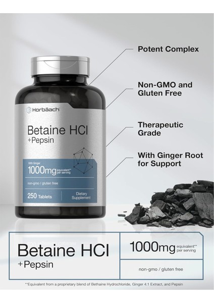 Horbäach Betaine Hcl With Pepsin | 1000MG | 250 Tablets | Hydrochloride Supplement | With Ginger Root | Non-Gmo Gluten Free