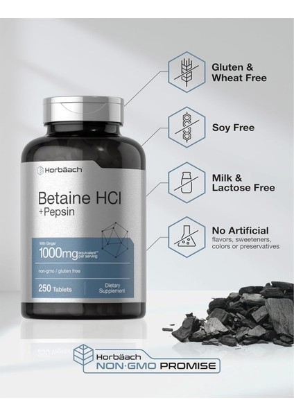 Horbäach Betaine Hcl With Pepsin | 1000MG | 250 Tablets | Hydrochloride Supplement | With Ginger Root | Non-Gmo Gluten Free