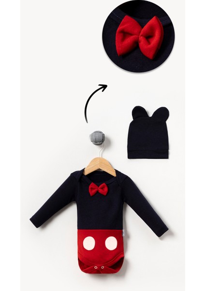 Mickey Görselli Şapkalı 2'li Bebek Body-Siyah