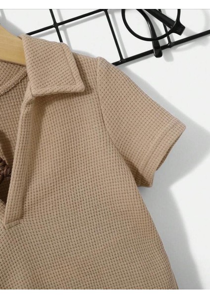 Waffle Görselli V Yaka Pamuklu Yazlık Bebek Çocuk Şort Takım-Bej