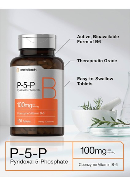 Horbäach P-5-P Activated Vitamin B6 100MG | 120 Tablets | Vegetarian Supplement Non-Gmo Gluten Free | Pyridoxal 5 Phosphate | Coenzyme B6 made In Usa