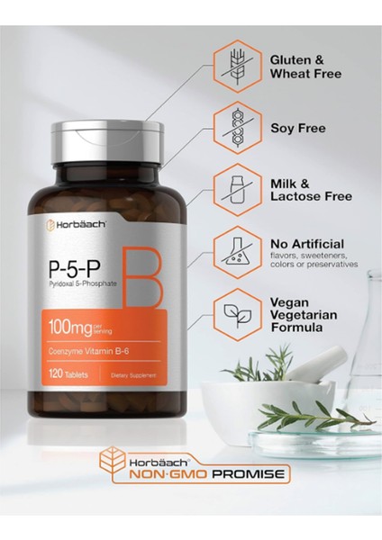 Horbäach P-5-P Activated Vitamin B6 100MG | 120 Tablets | Vegetarian Supplement Non-Gmo Gluten Free | Pyridoxal 5 Phosphate | Coenzyme B6 made In Usa