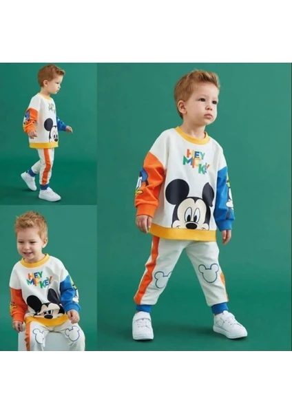 Mickey Mouse Görselli Kapüşonlu Bebek Çocuk Alt Üst Takım-Beyaz