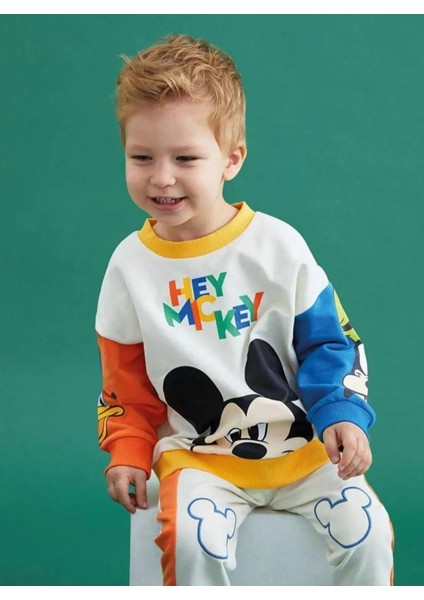 Mickey Mouse Görselli Kapüşonlu Bebek Çocuk Alt Üst Takım-Beyaz