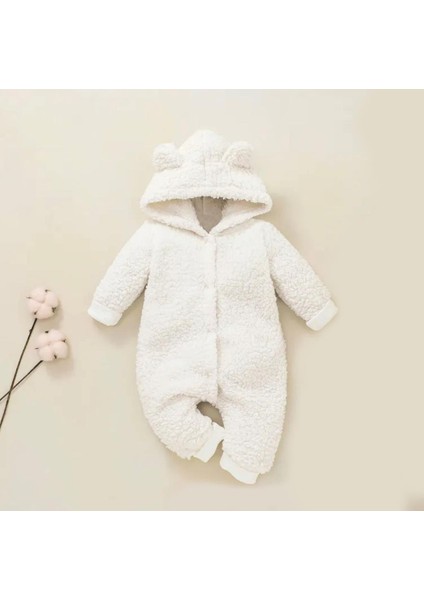 Kışlık Tatlı Kapşonlu Bebek Peluş Welsoft Tulum Beyaz